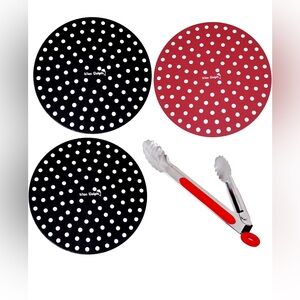 Wise Dolphin -3-Air Fryer Silicone 8 inch Rounded Mats  Plus 7 inch Red Tong